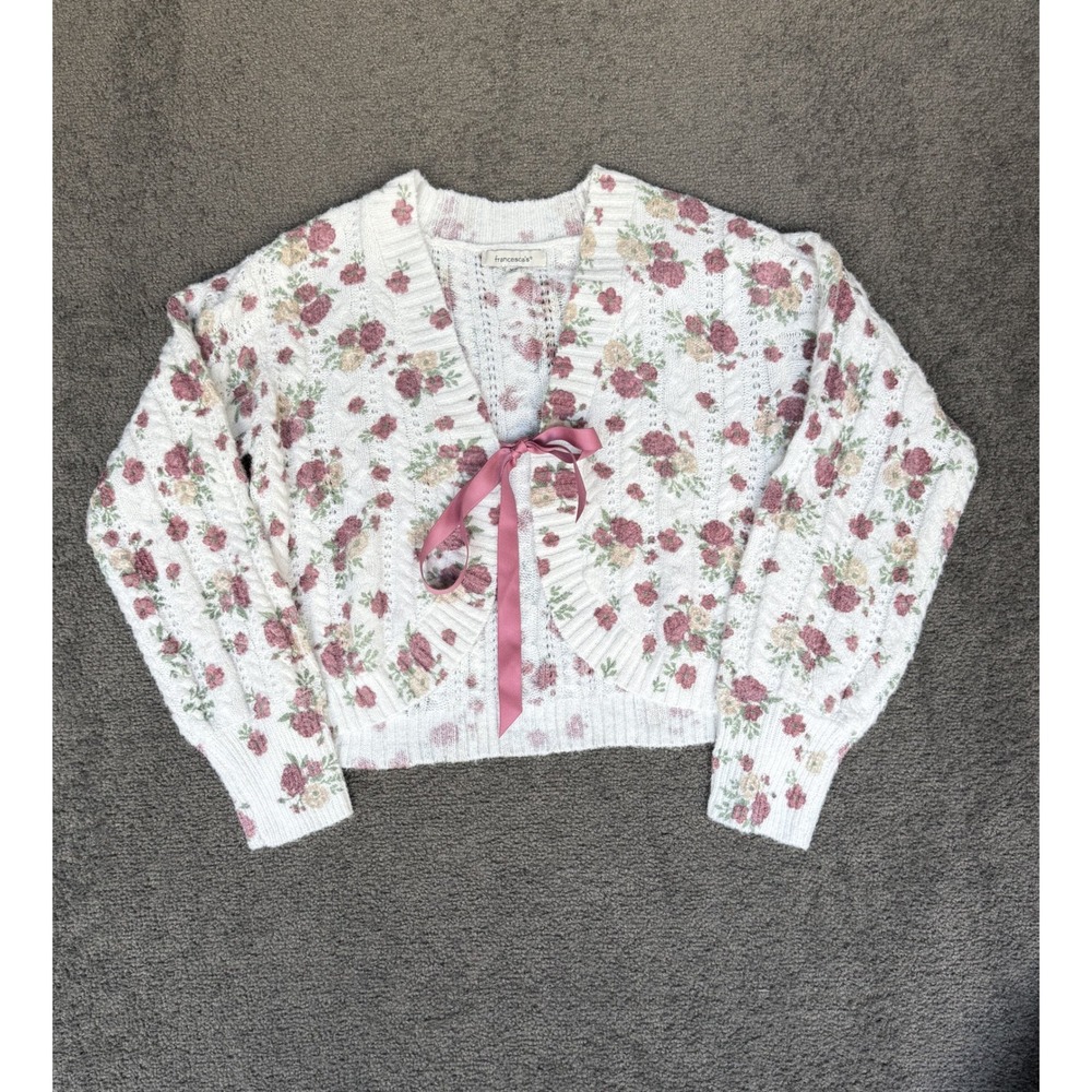 Francesca's Floral Cable Knit Cropped Cardigan Ribbon Tie Pink White XS ST2325I